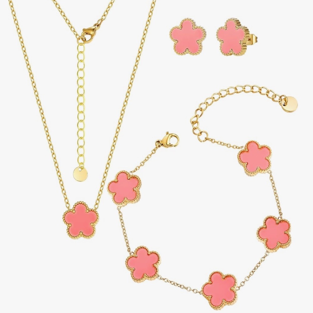 Exquisite Gold and Pink Flower Lucky Clover Jewelry Set